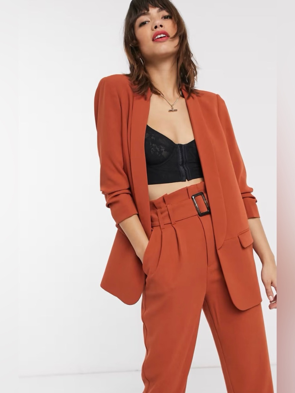 Stradivarius Ruched Sleeve Blazer in Orange Trendy Excellent Condition